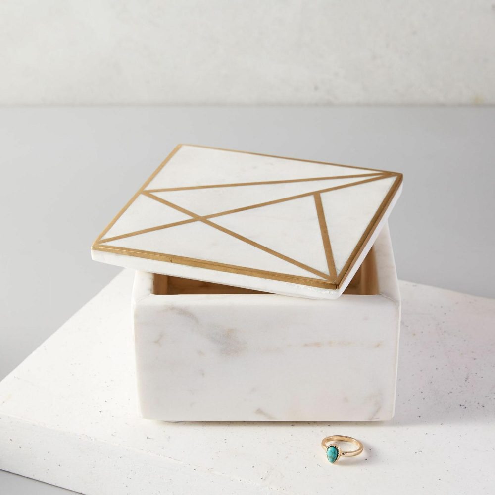 Jewelry Storage |  Brass Inlay Marble Box – Square Jewelry Storage Jewelry Storage