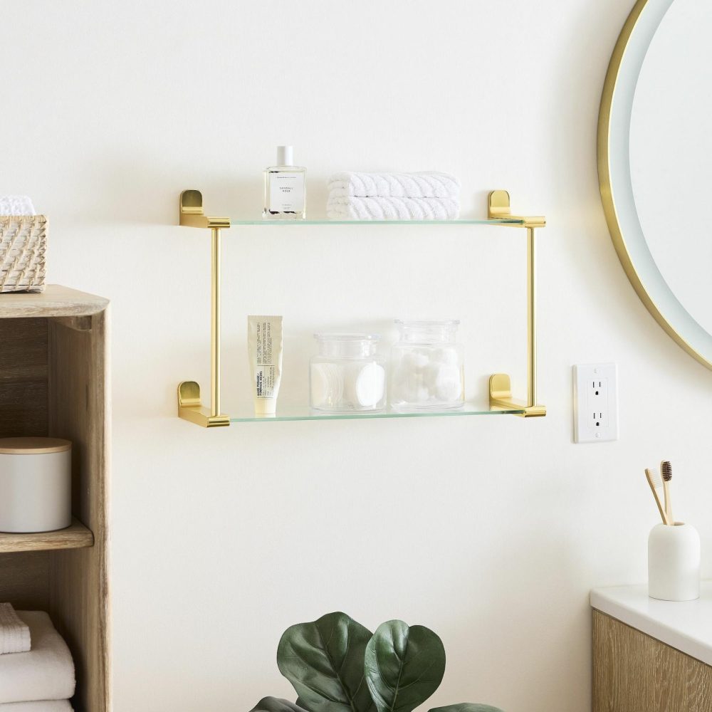 Wall Shelves |  Mid-Century Contour Double Glass Bathroom Shelf Bathroom Organization Wall Shelves